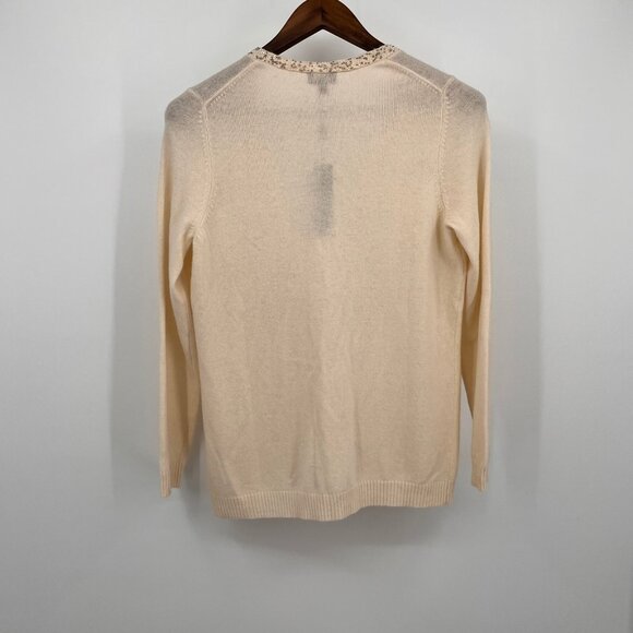 Talbots Beaded Trim Wool Blend Cardigan Size Petite M Ivory Pockets Knit Sweater - Picture 2 of 9